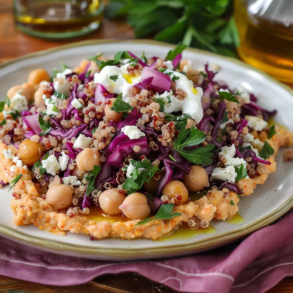 Plat avec quinoa coloré et légumes croquants