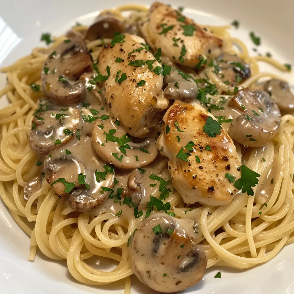 Mélange crémeux de pâtes champignons poulet