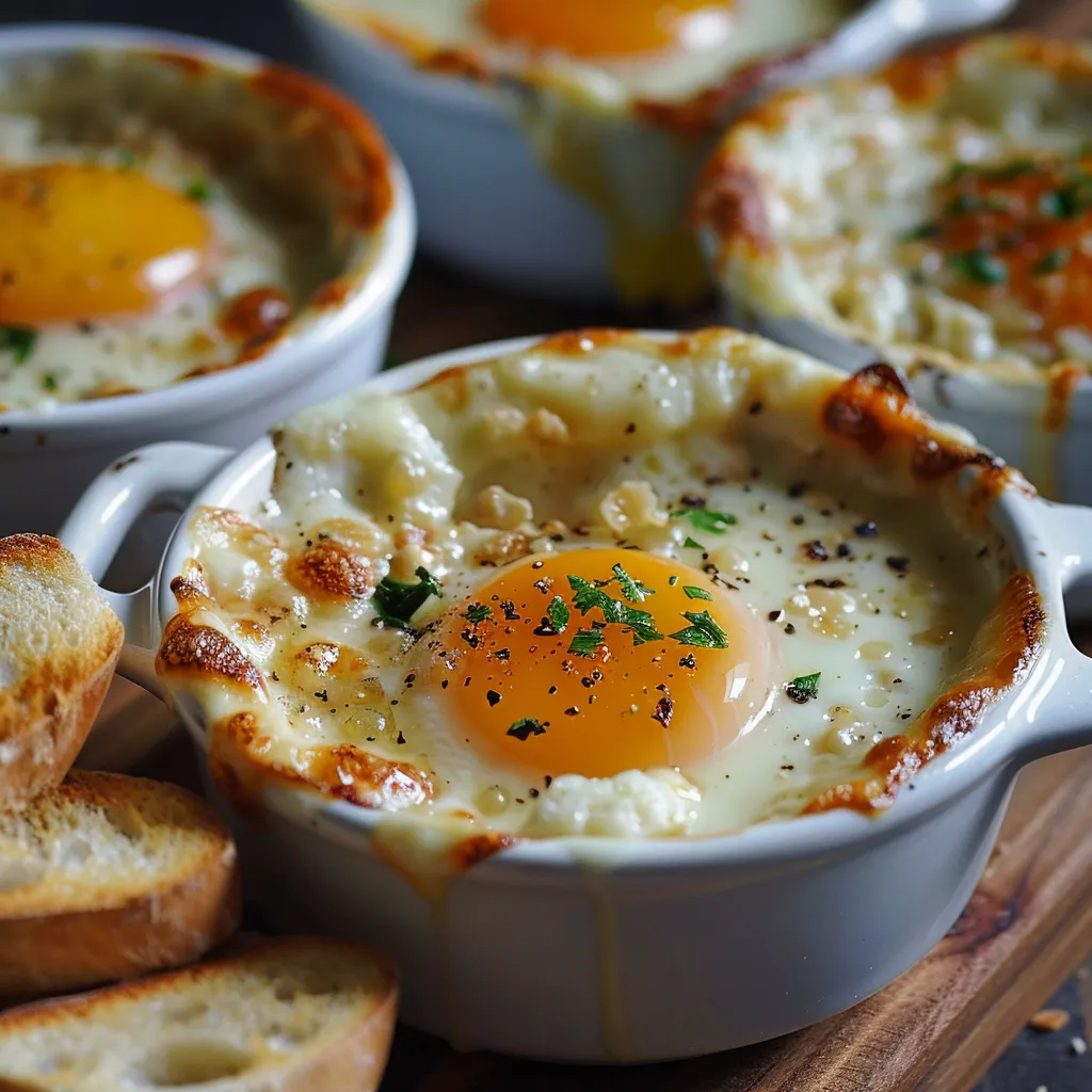 Oeuf cocotte avec poulet et fromage