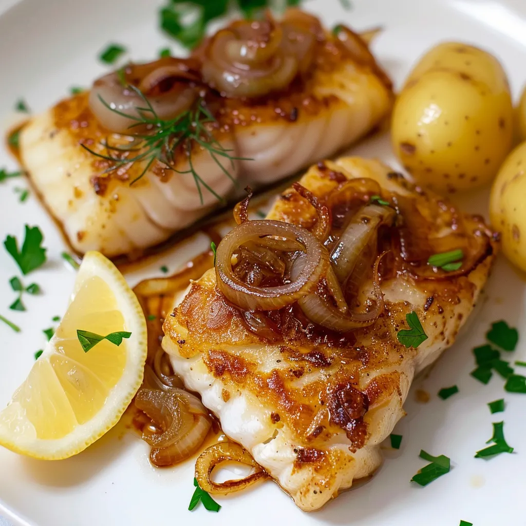 Morue poêlée façon Gaspésie et oignons doux