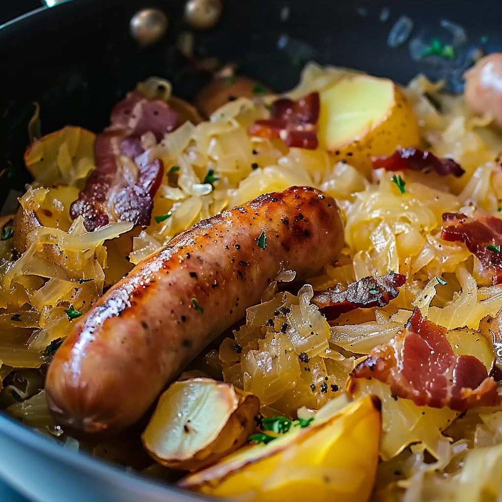Choucroute et bratwurst, pommes poêlées et bacon croquant