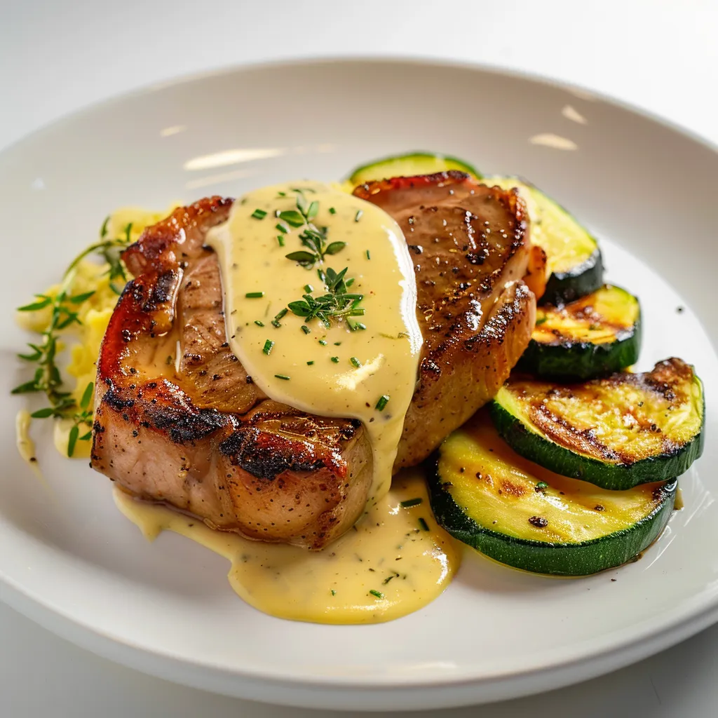Côtelettes de porc sauce béarnaise et courgettes sautées