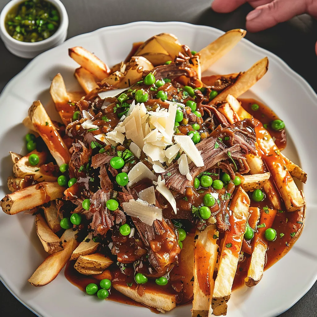 Poutine au porc effiloché et sauce au vin rouge