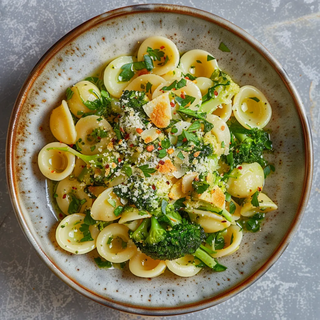 Pâtes au brocoli, flageolets et chapelure croustillante