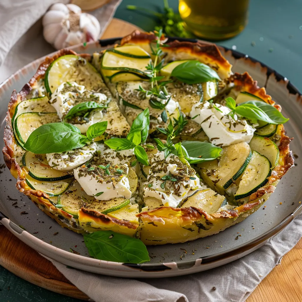 Tarte généreuse pommes de terre courgettes