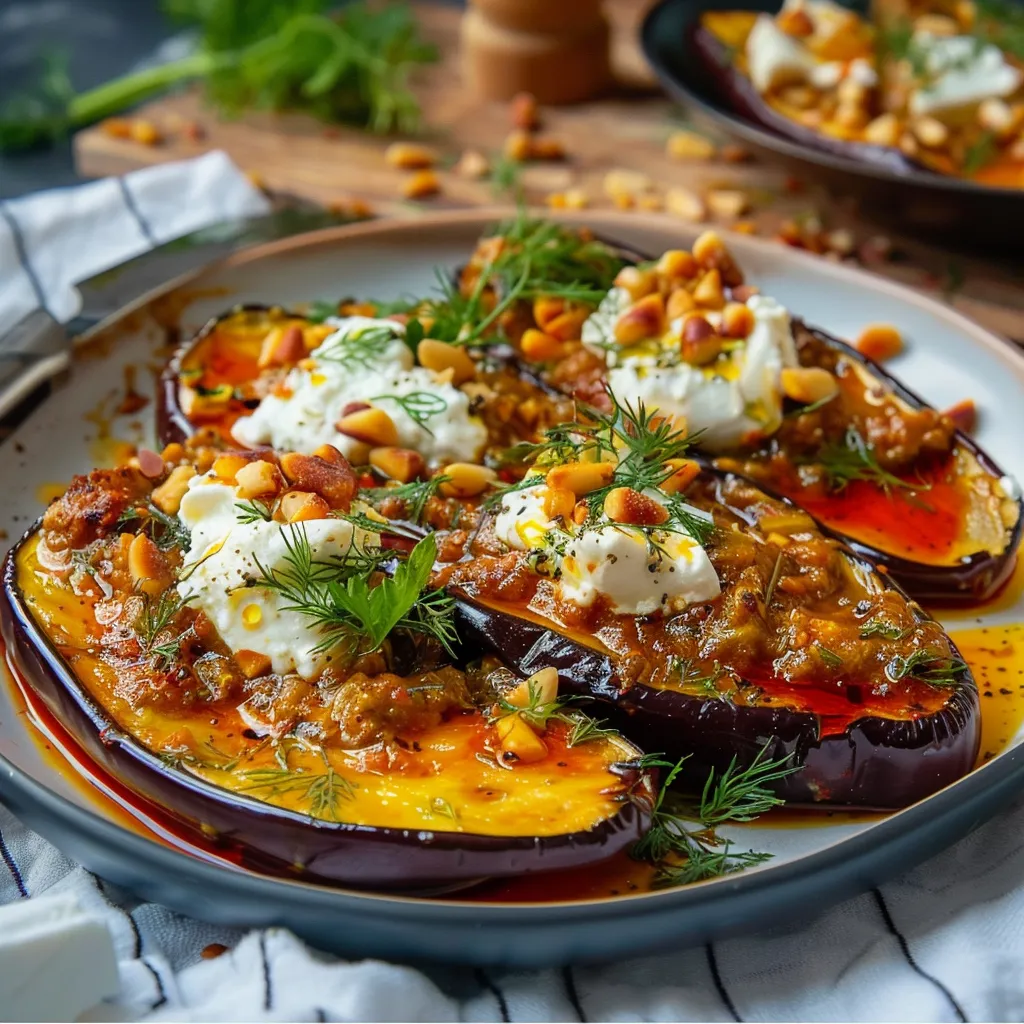 Aubergines moelleuses façon harissa et sirop d'érable
