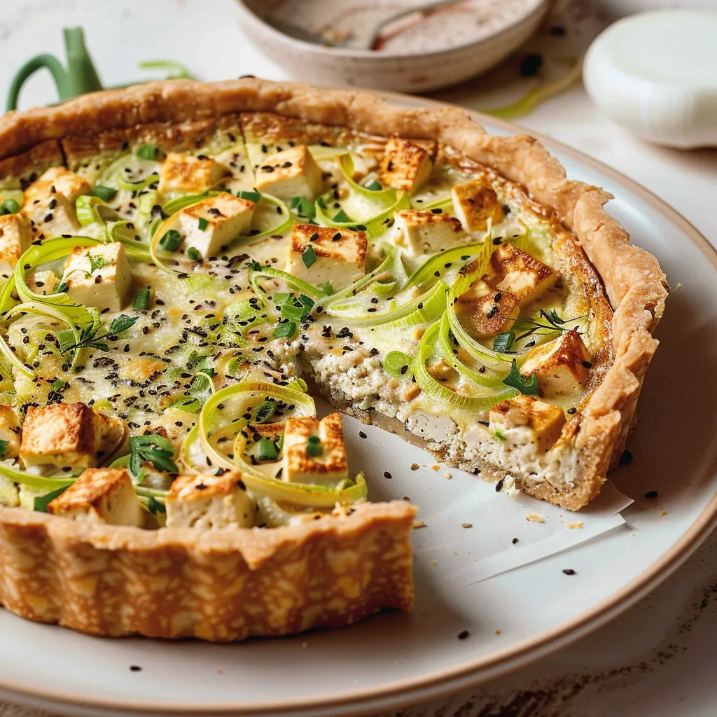 Quiche savoureuse au tofu fumé et poireau
