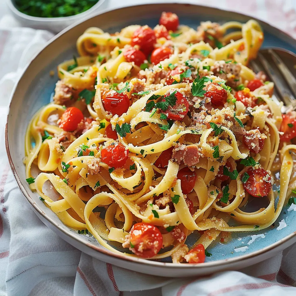 Fettuccines avec anchois, thon et tomates cerises