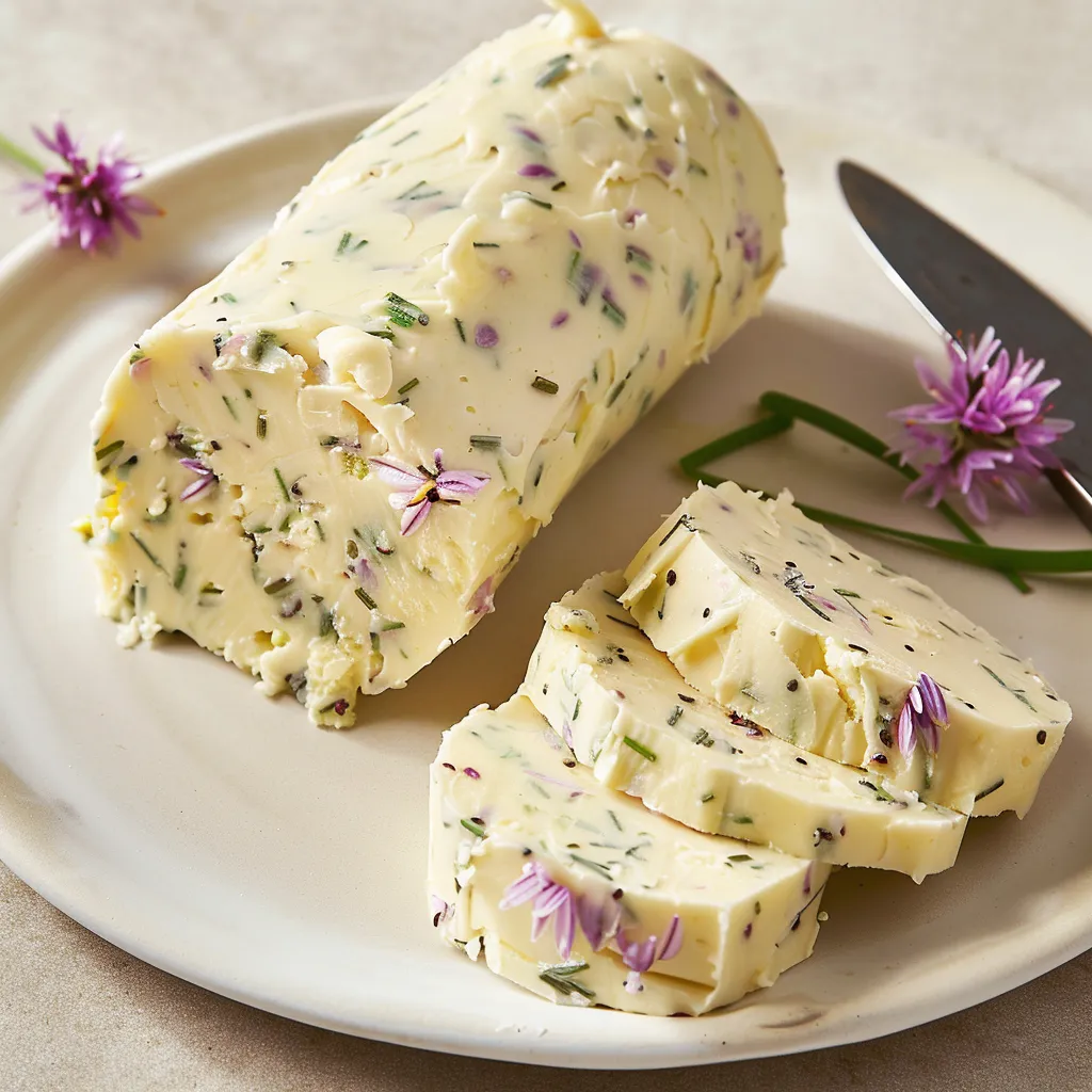 Beurre parfumé aux fleurs de ciboulette sur une assiette