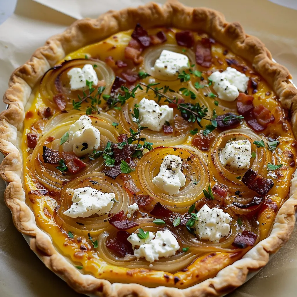Tarte croustillante oignon chèvre miel dorée