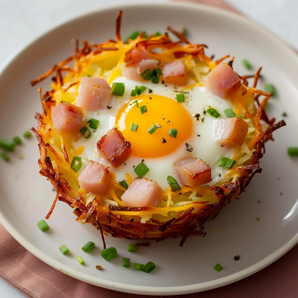 Nids de pommes de terre aux œufs et au fromage bien dorés