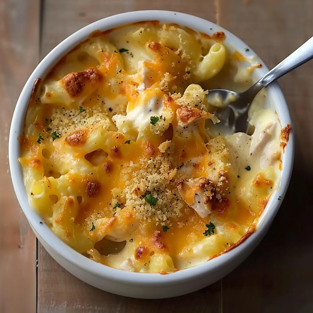 Mac & Cheese doré au poulet fondant