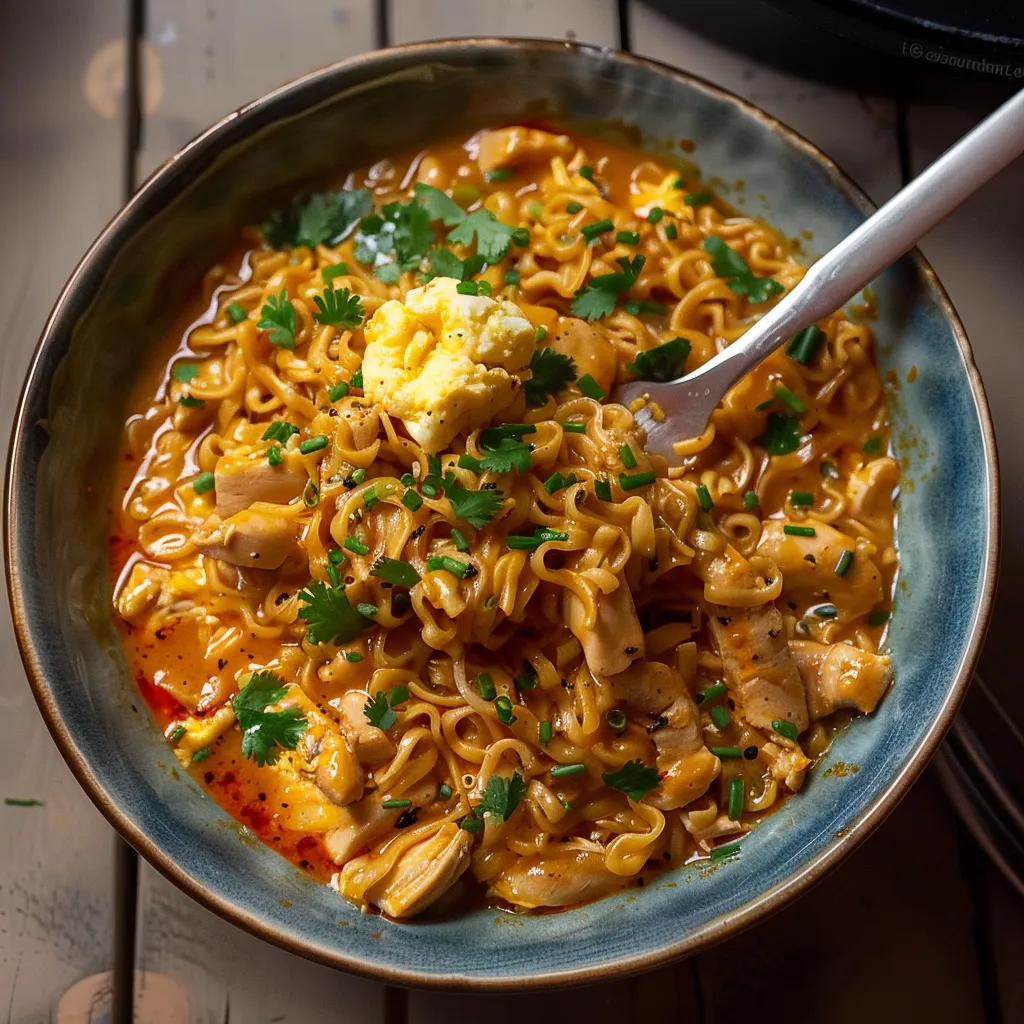 Nouilles gourmandes au poulet et épices