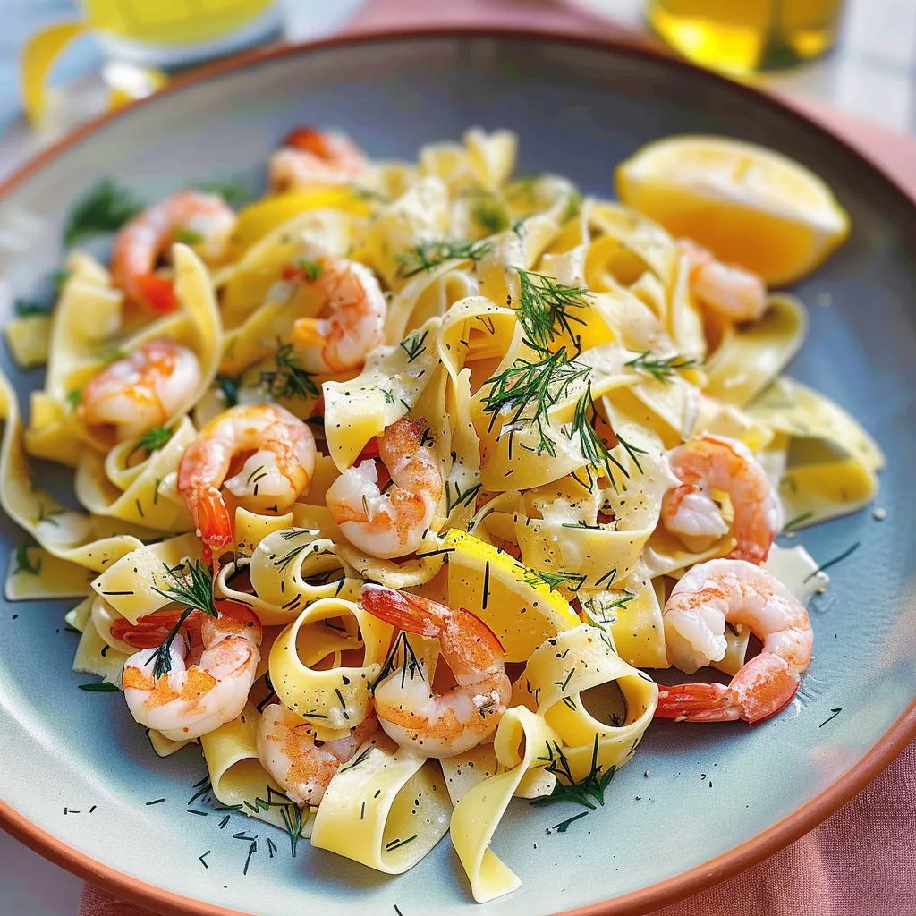 Pappardelles citron et crevettes grises façon française