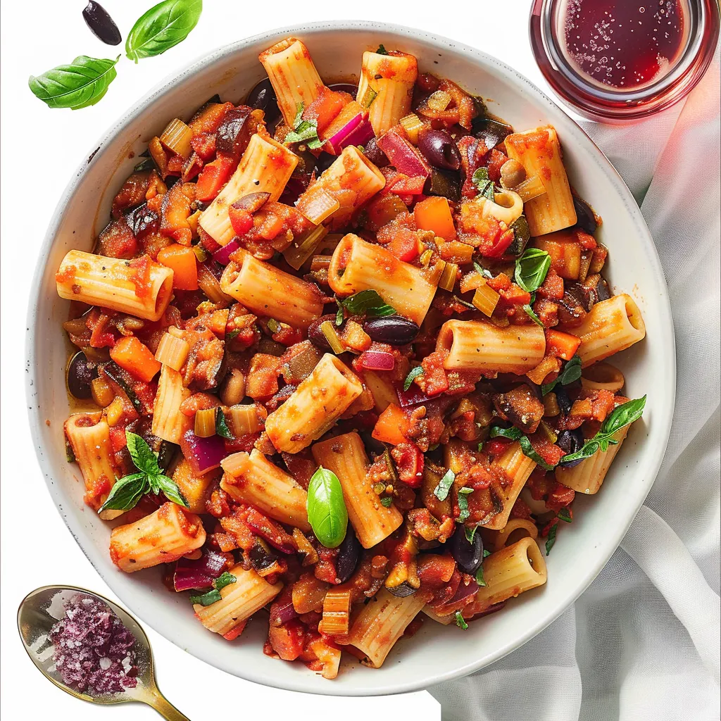 Rigatonis fondants façon caponata méditerranéenne