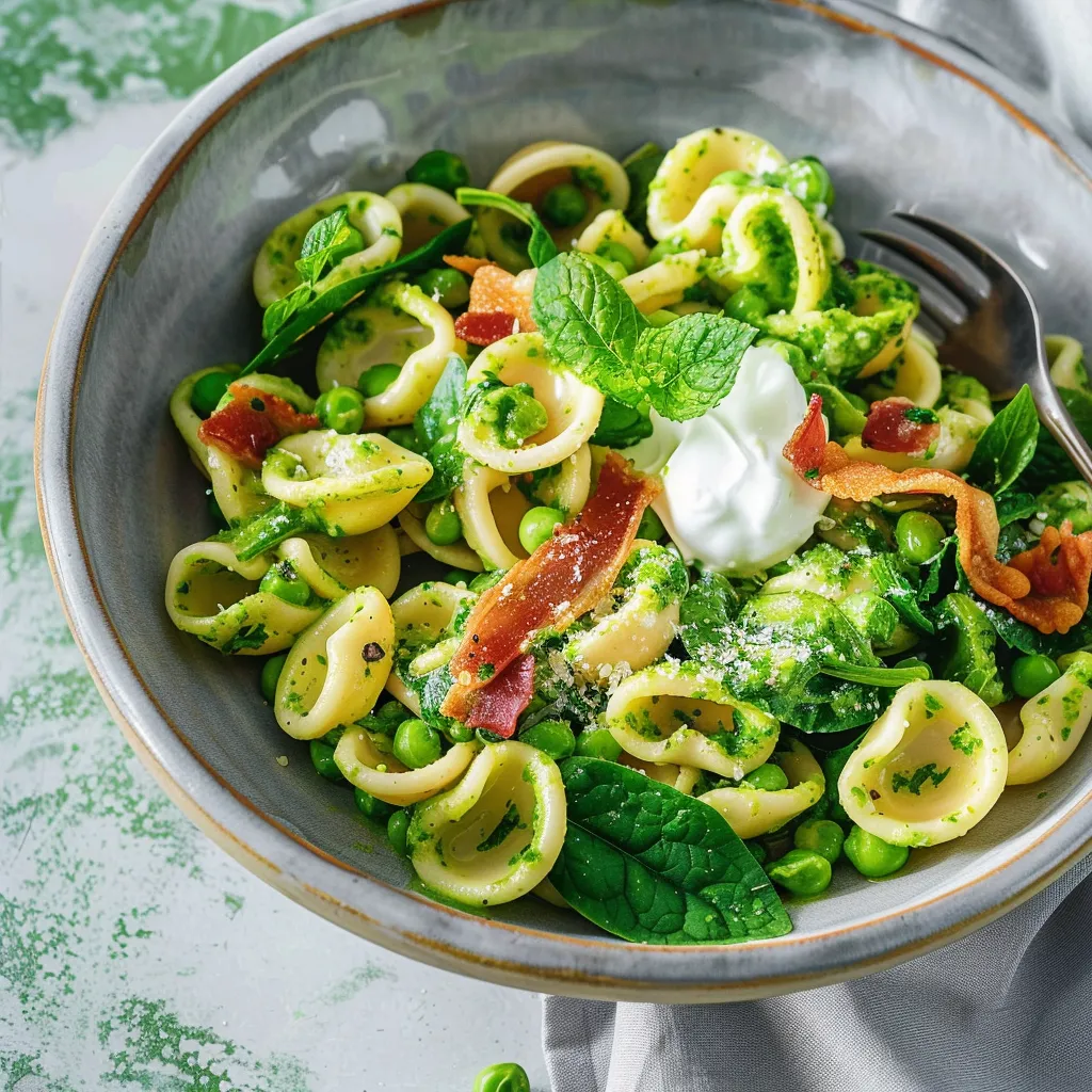 Orecchiettes petits pois pancetta croustillante