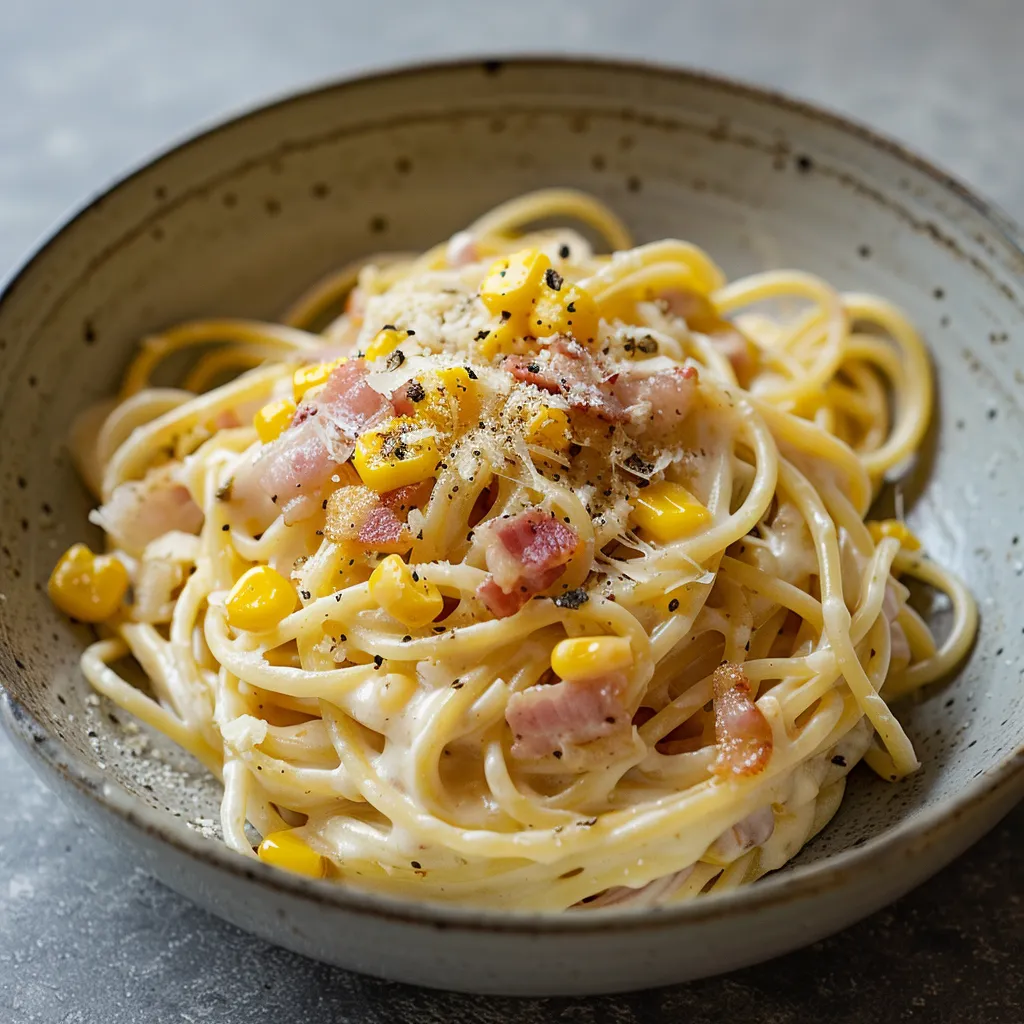 Spaghettonis onctueux au maïs et bacon doré