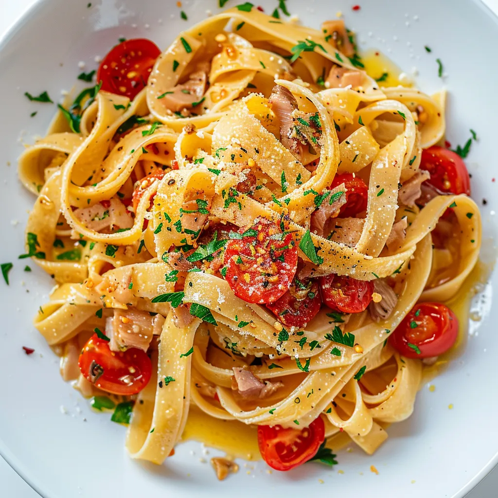 Fettuccines gourmandes thon, anchois, tomates cerises