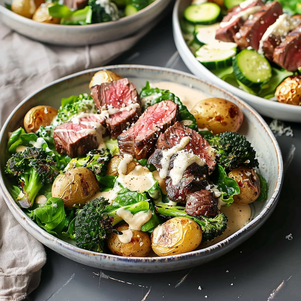 Délicieuse salade brocoli bœuf grillé sauce crémeuse parmesan