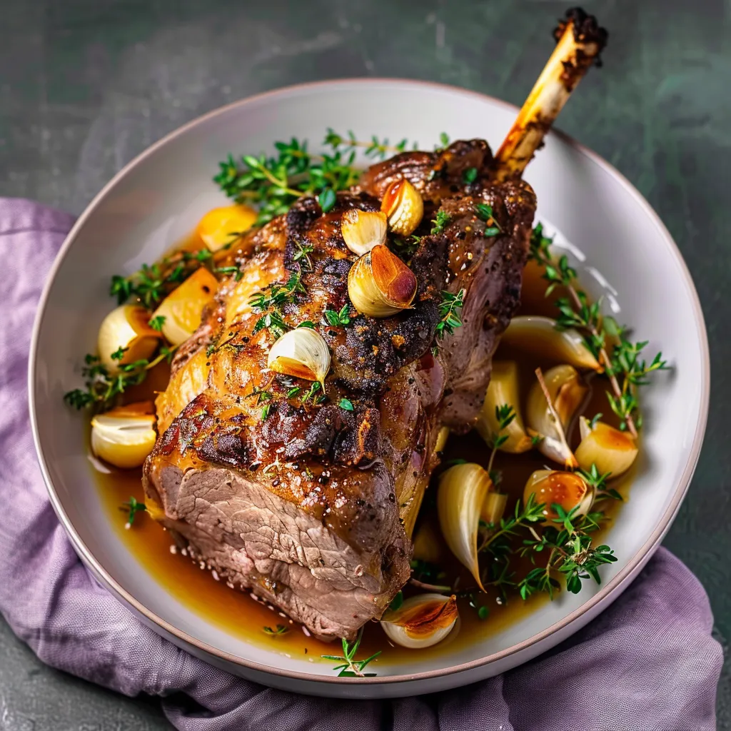 Gigot d’agneau à l’ail bien doré et juteux