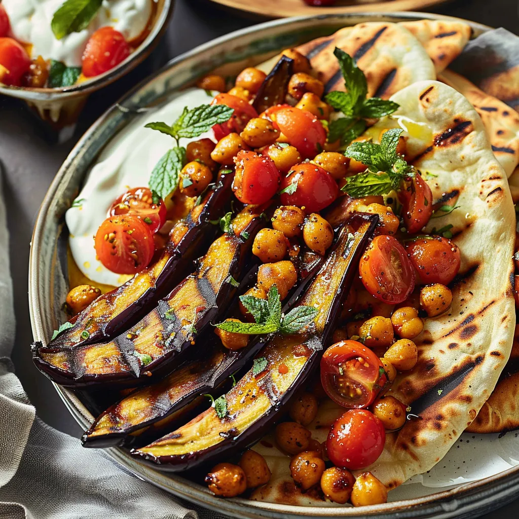 Aubergines grillées et pois chiches au curry