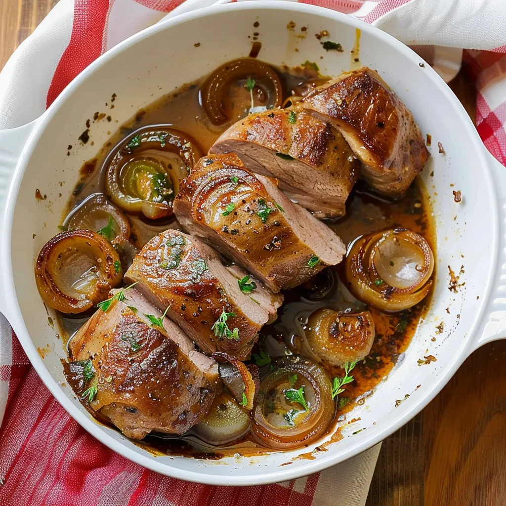Filet mignon de porc aux oignons caramélisés