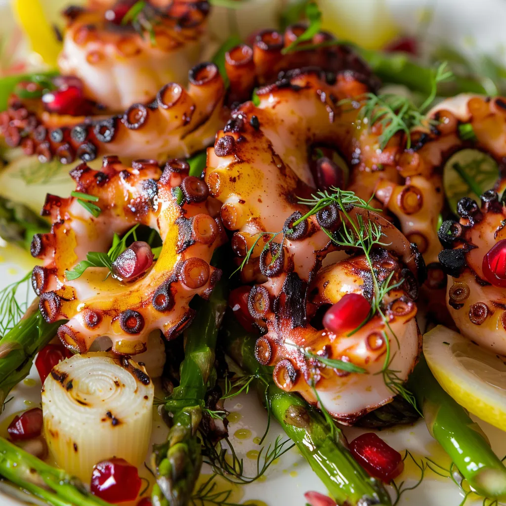 Légumes croquants et pieuvre dorée dans une salade légère