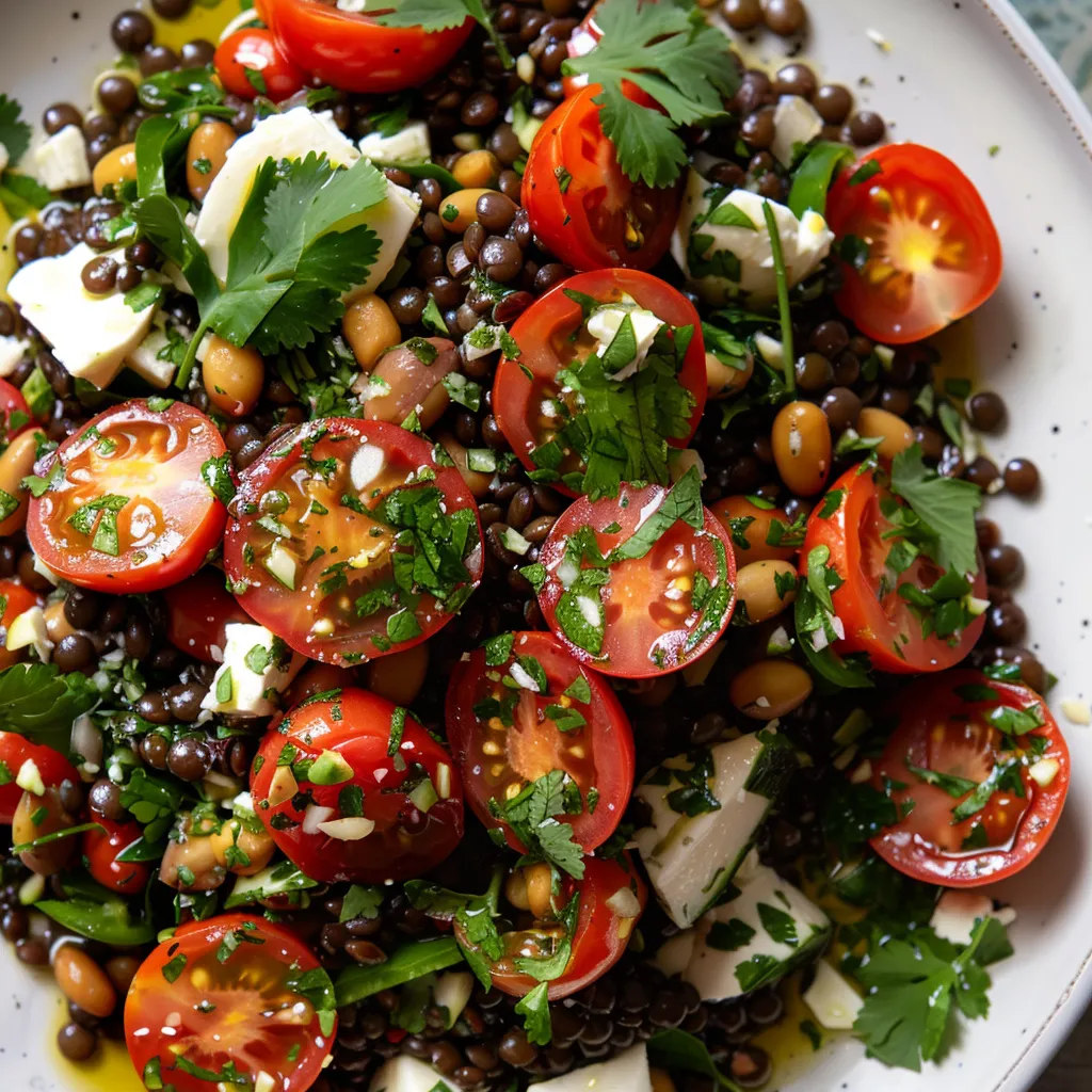 Salade de lentilles noires, tomates cerises et coriandre fraîche