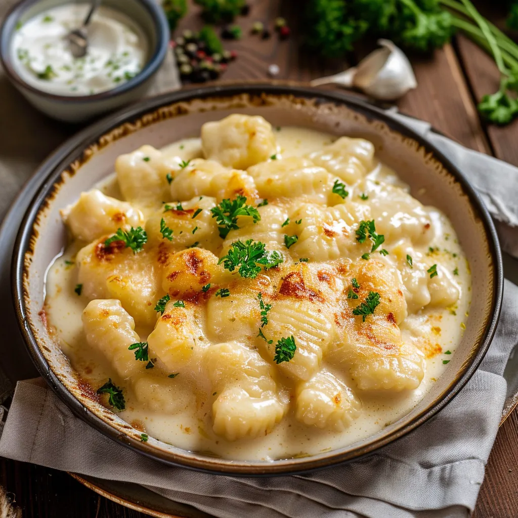 Gratin de gnocchis crémeux au poulet filant
