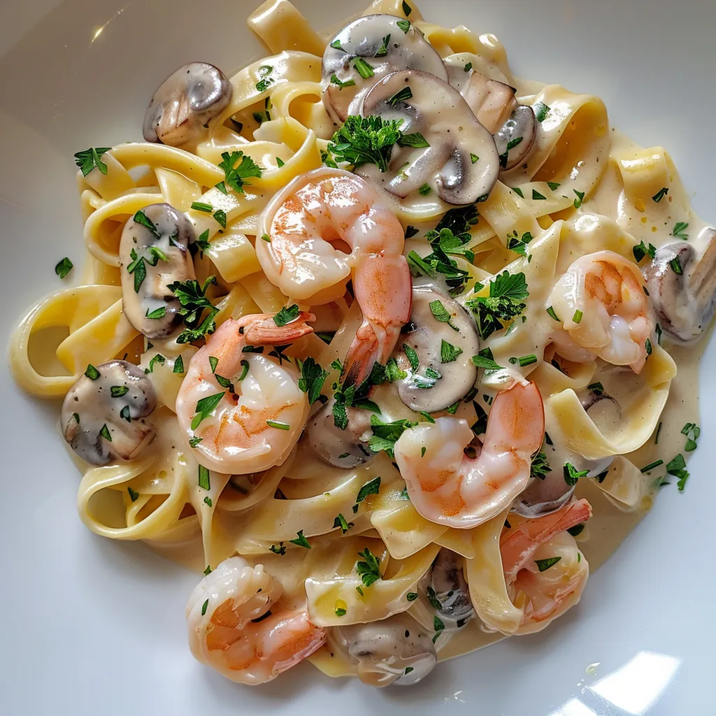 Tagliatelles aux crevettes et champignons tout juste cuits