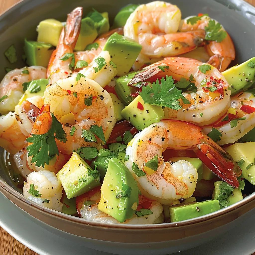Délicieuse salade de crevettes marinées et avocat