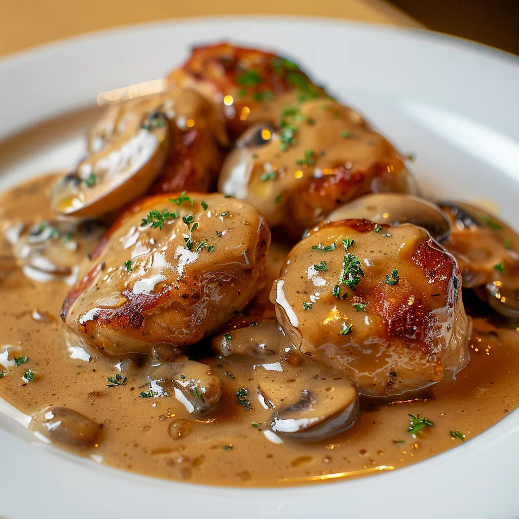 Côtelettes de porc sauce moutarde et champignons