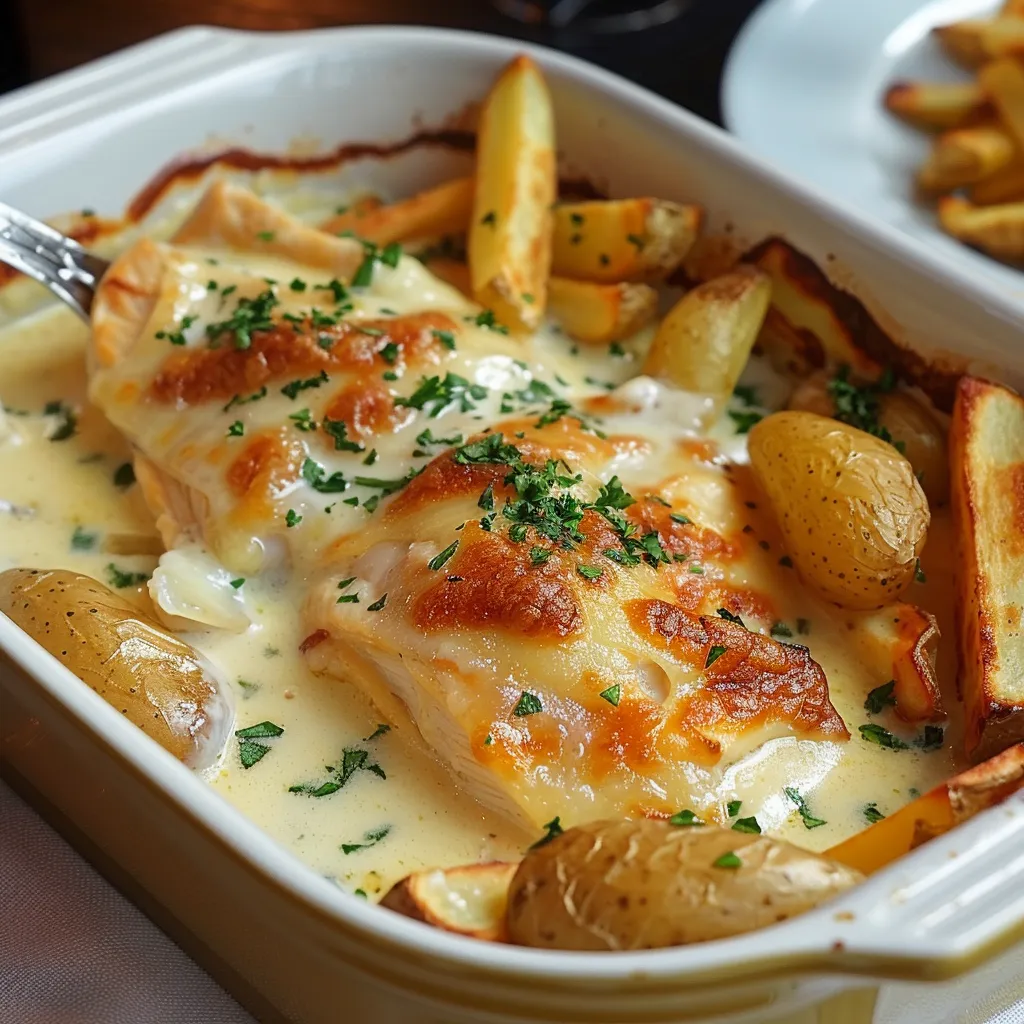 Cassolettes au poulet, maroilles et frites maison