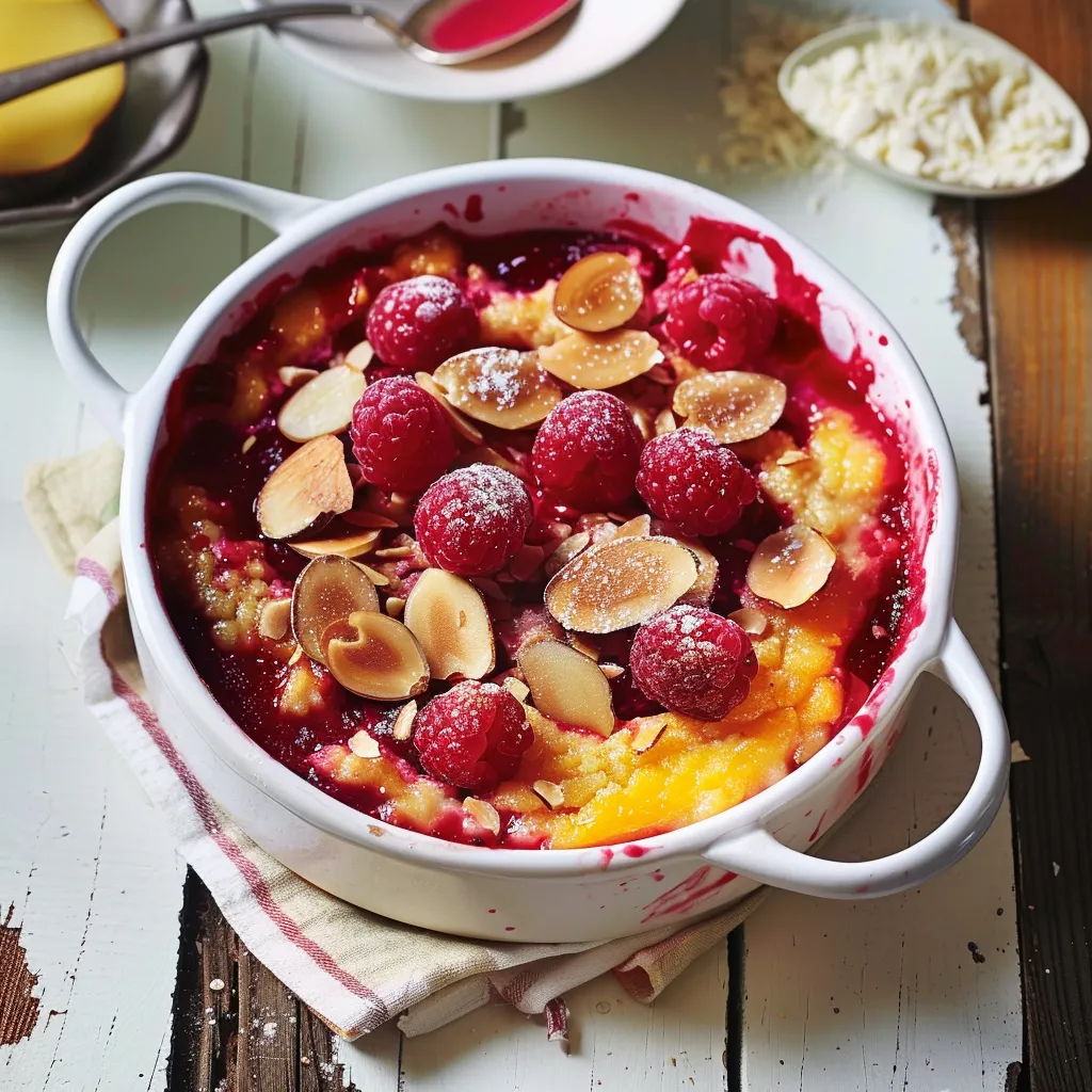 Pouding aux fruits avec amandes grillées bien dorées