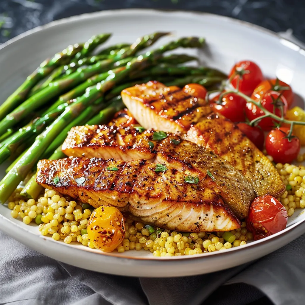 Truite grillée gourmande, boulgour et légumes