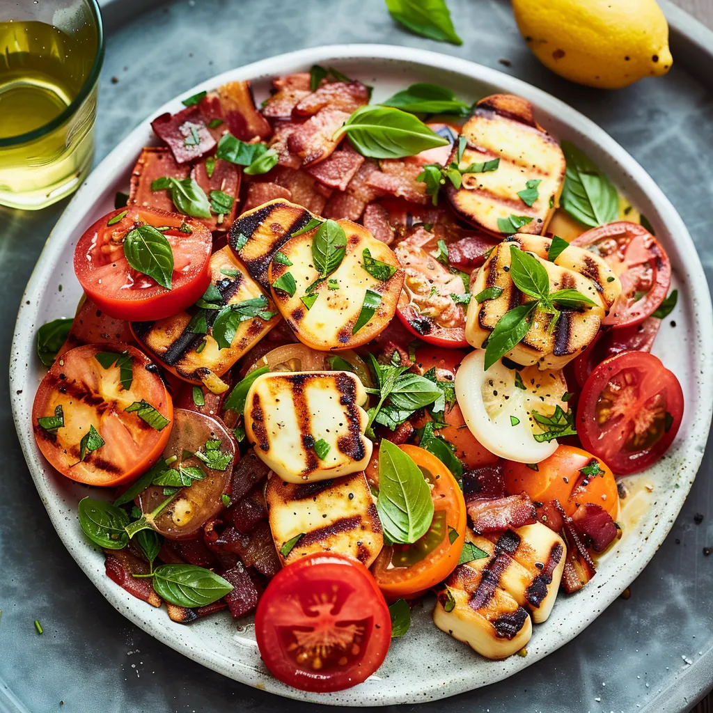 Salade tomates bacon halloumi grillé