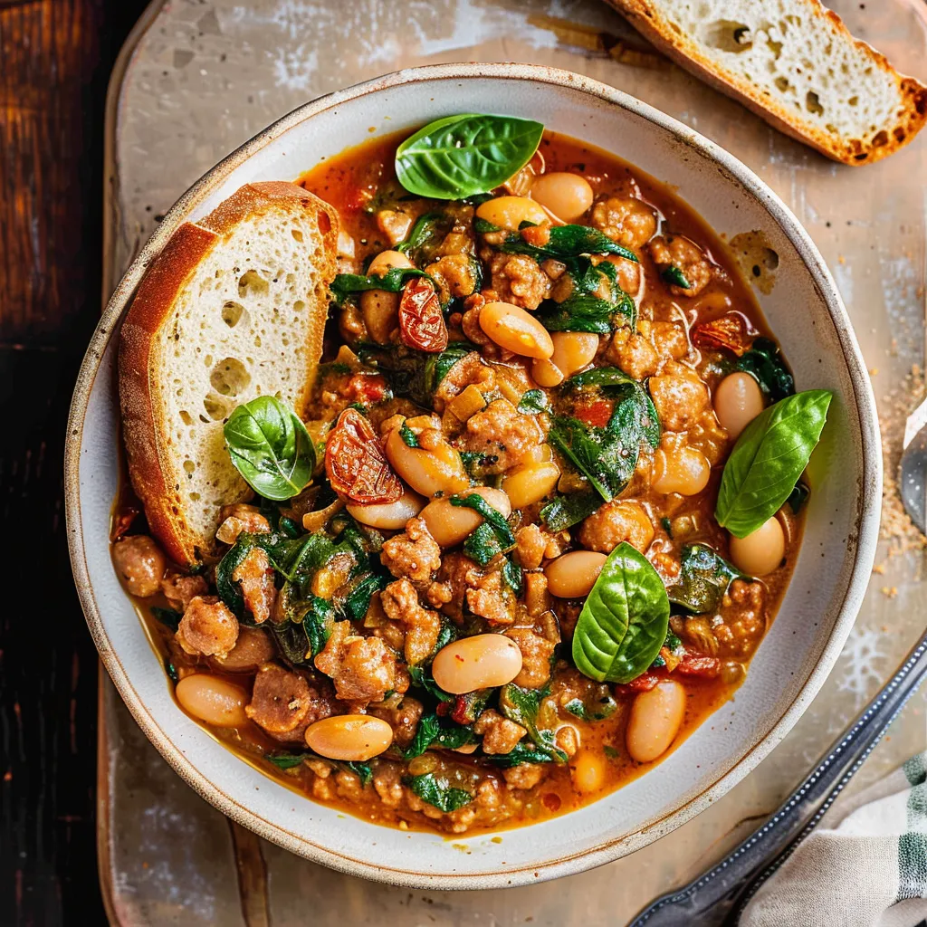 Plat savoureux de haricots à la crème et saucisses