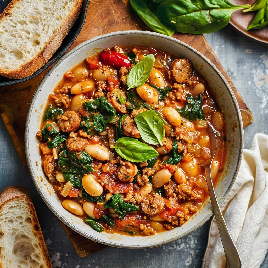 Plat crémeux de haricots et saucisses avec épinards et basilic frais