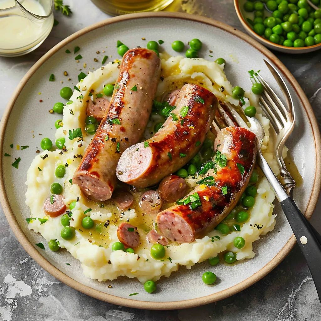 Purée de pommes de terre, saucisses et petits pois