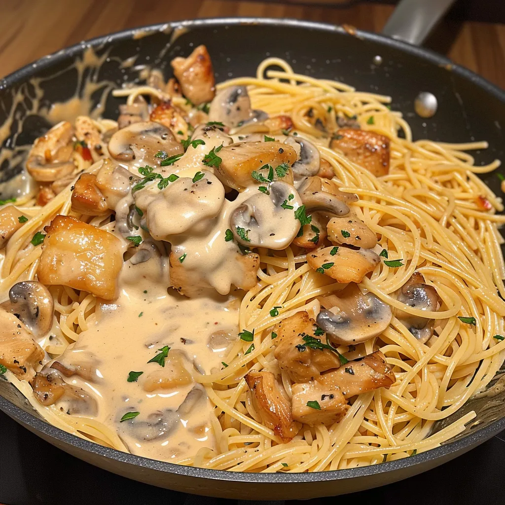 Spaghettis onctueux au poulet et champignons