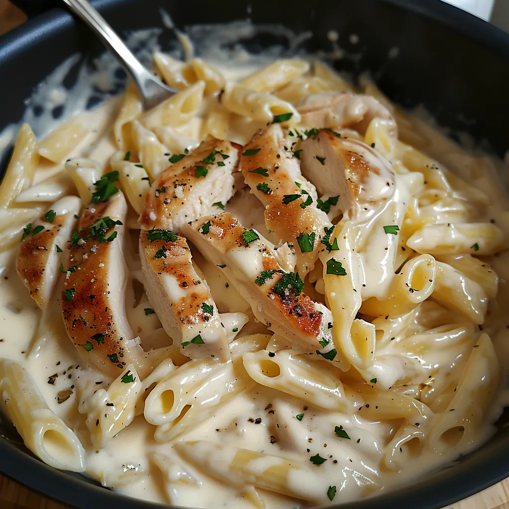 Savoure ces pâtes au poulet dans une sauce Alfredo bien gourmande et douce