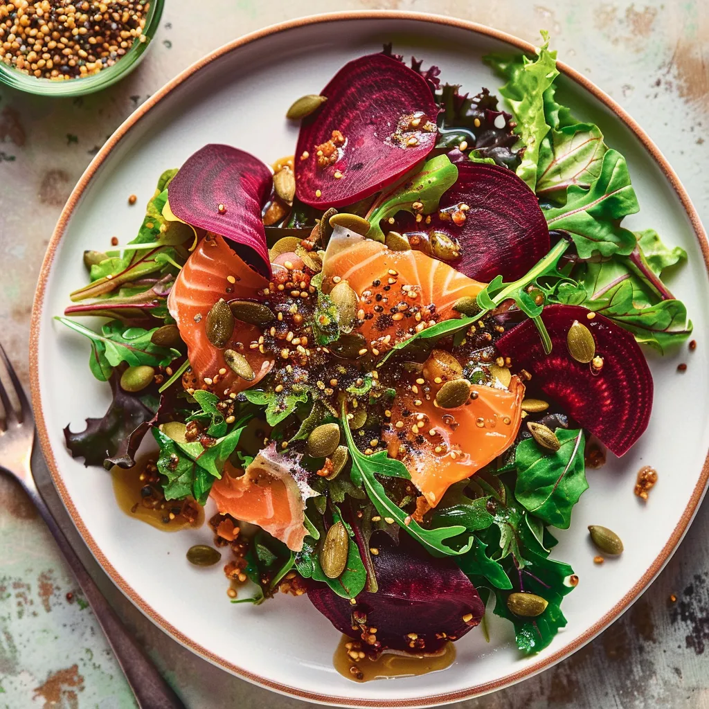 Salade de betteraves, crunchy et sauce crémeuse