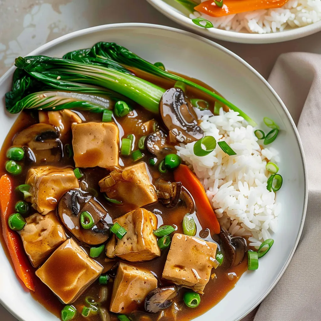 Tofu fondant et champignons mijotés avec légumes croquants