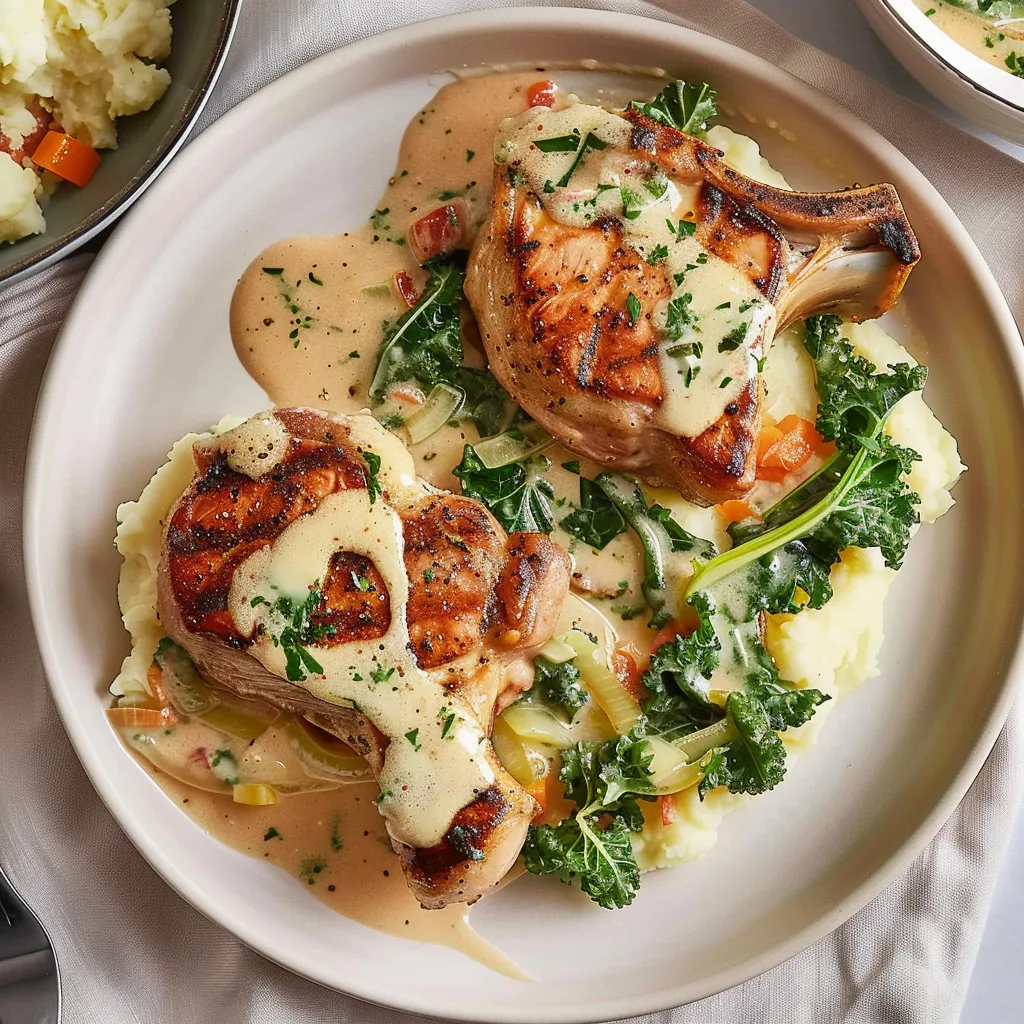 Côtelettes de porc au kale et sauce onctueuse