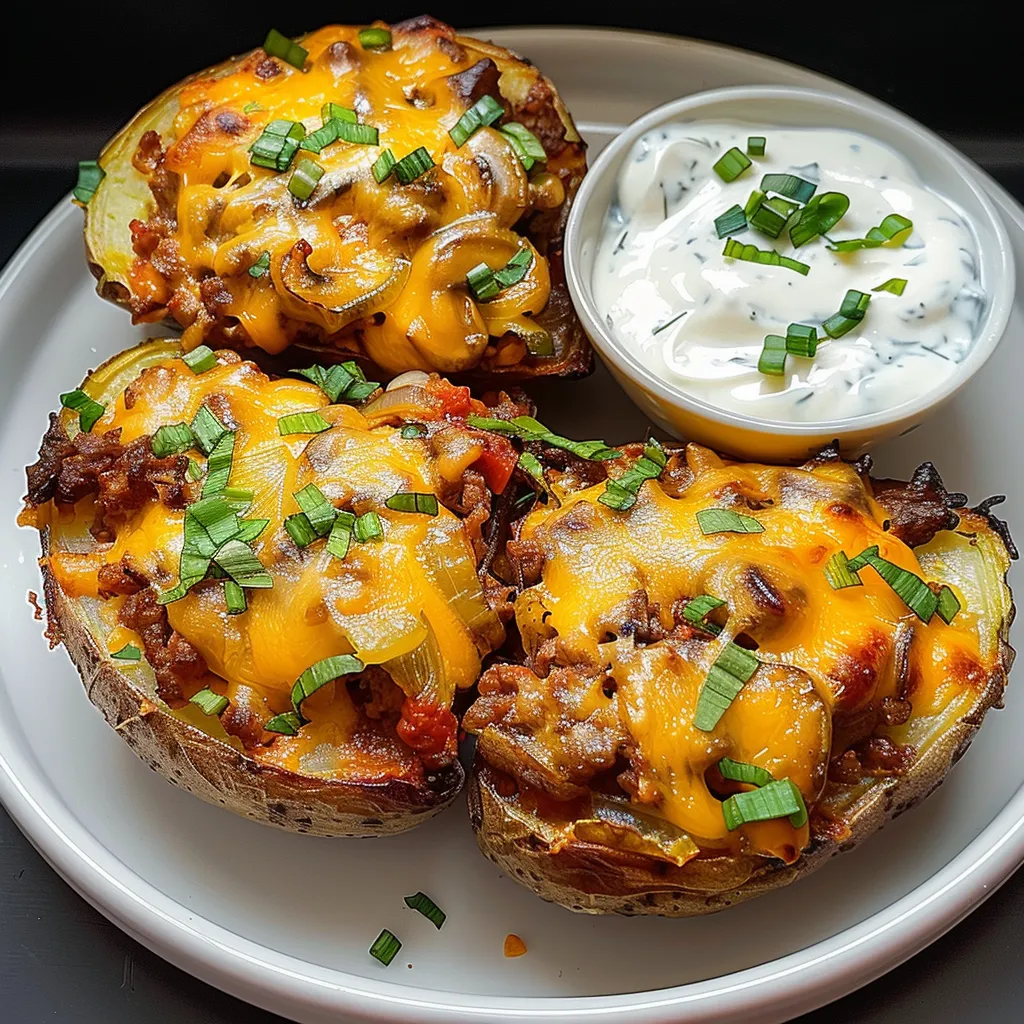 Pommes de terre garnies avec viande hachée et sauce fraîche