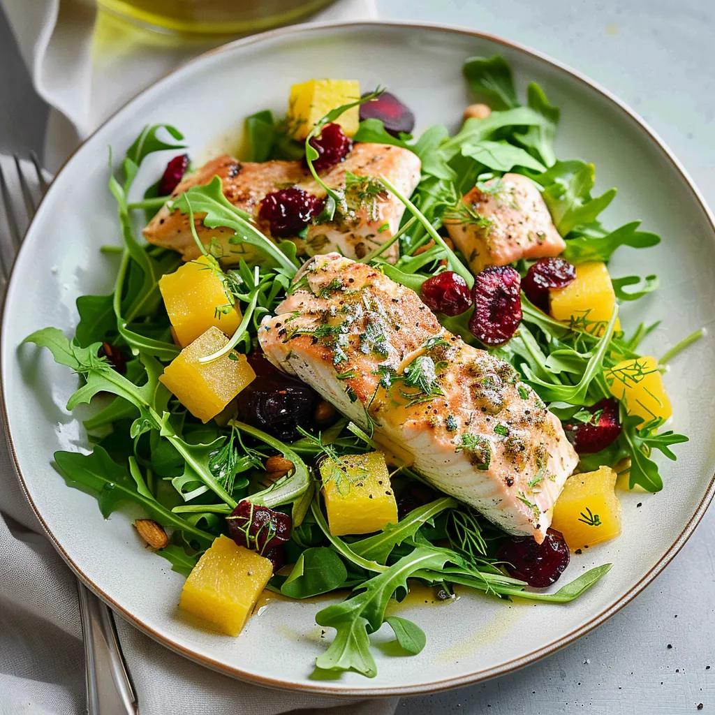 Salade roquette, truite et betteraves jaunes extra fraîche