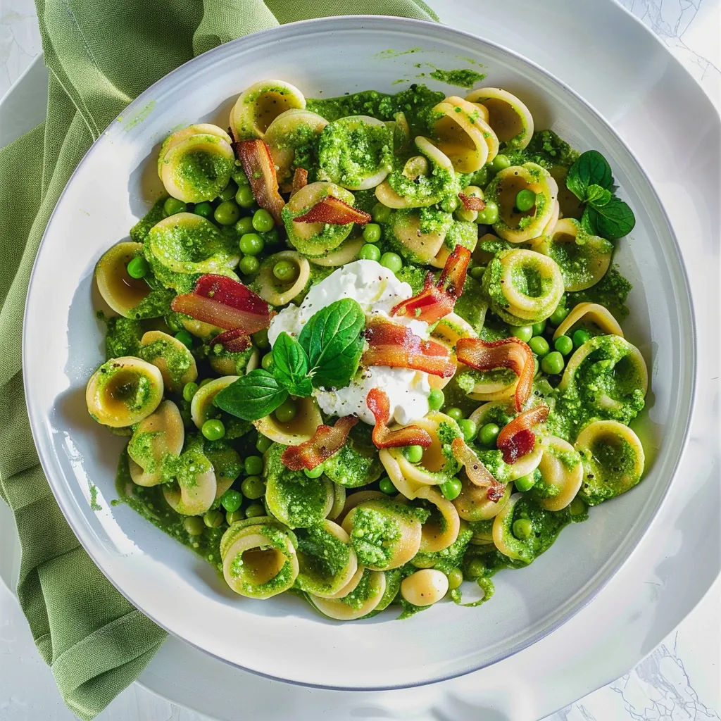 Orecchiette aux petits pois, labneh et pancetta croustillante