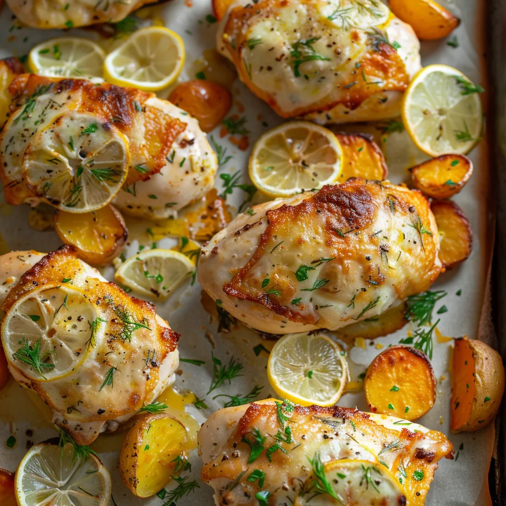 Poulet au romano et citron entouré de légumes dorés