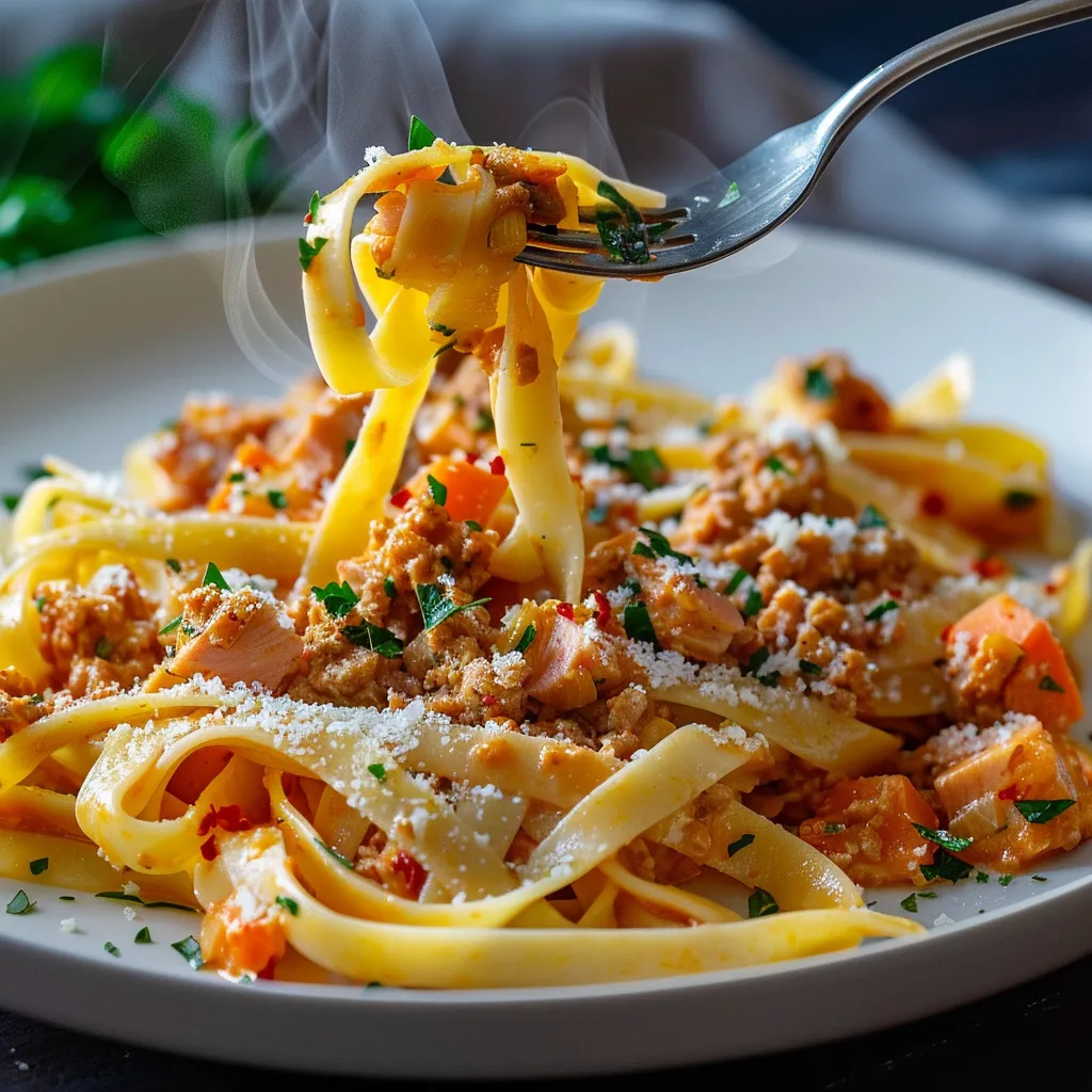 Tagliatelles maison sauce bolognaise de thon