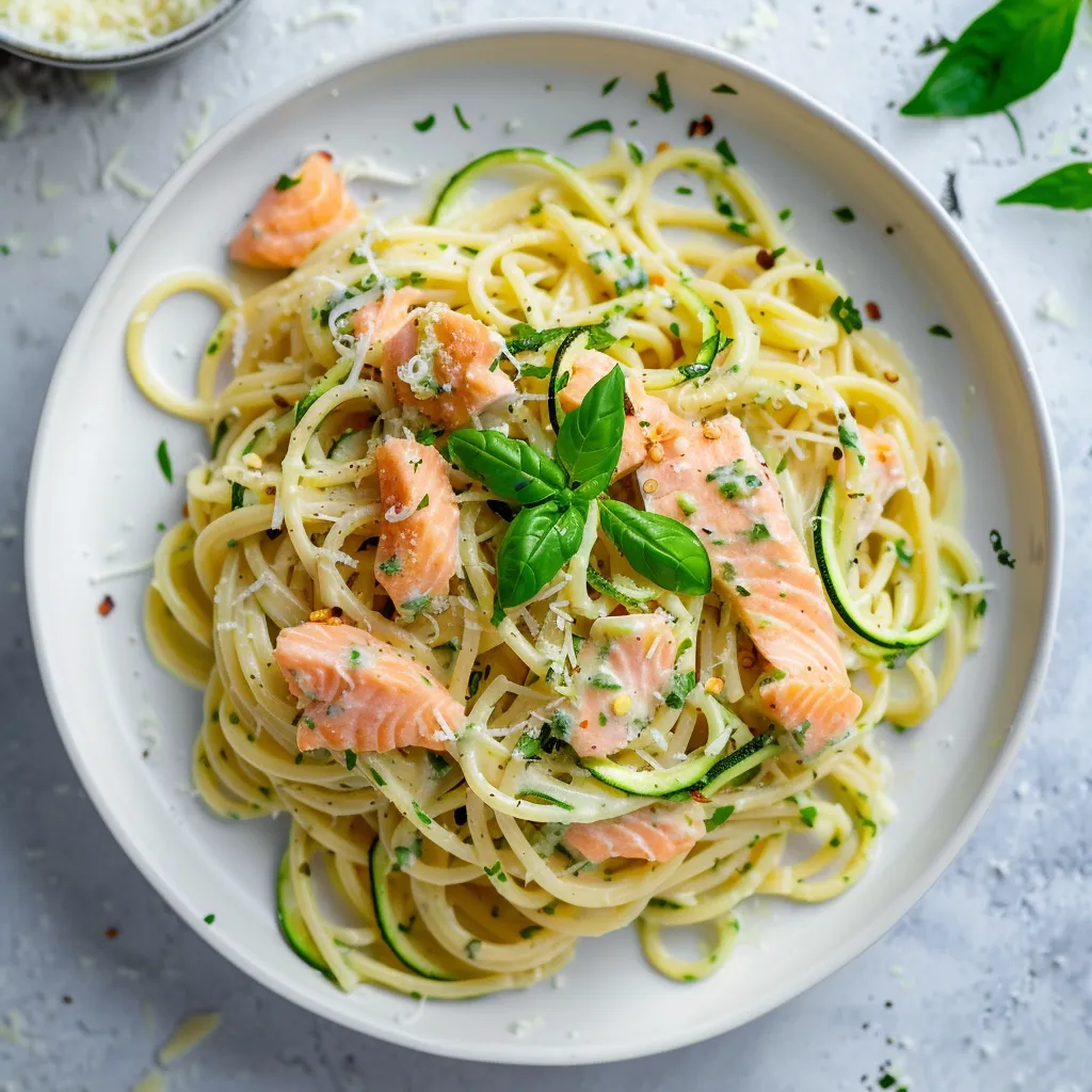 Pâtes saumon courgette citron parmesan